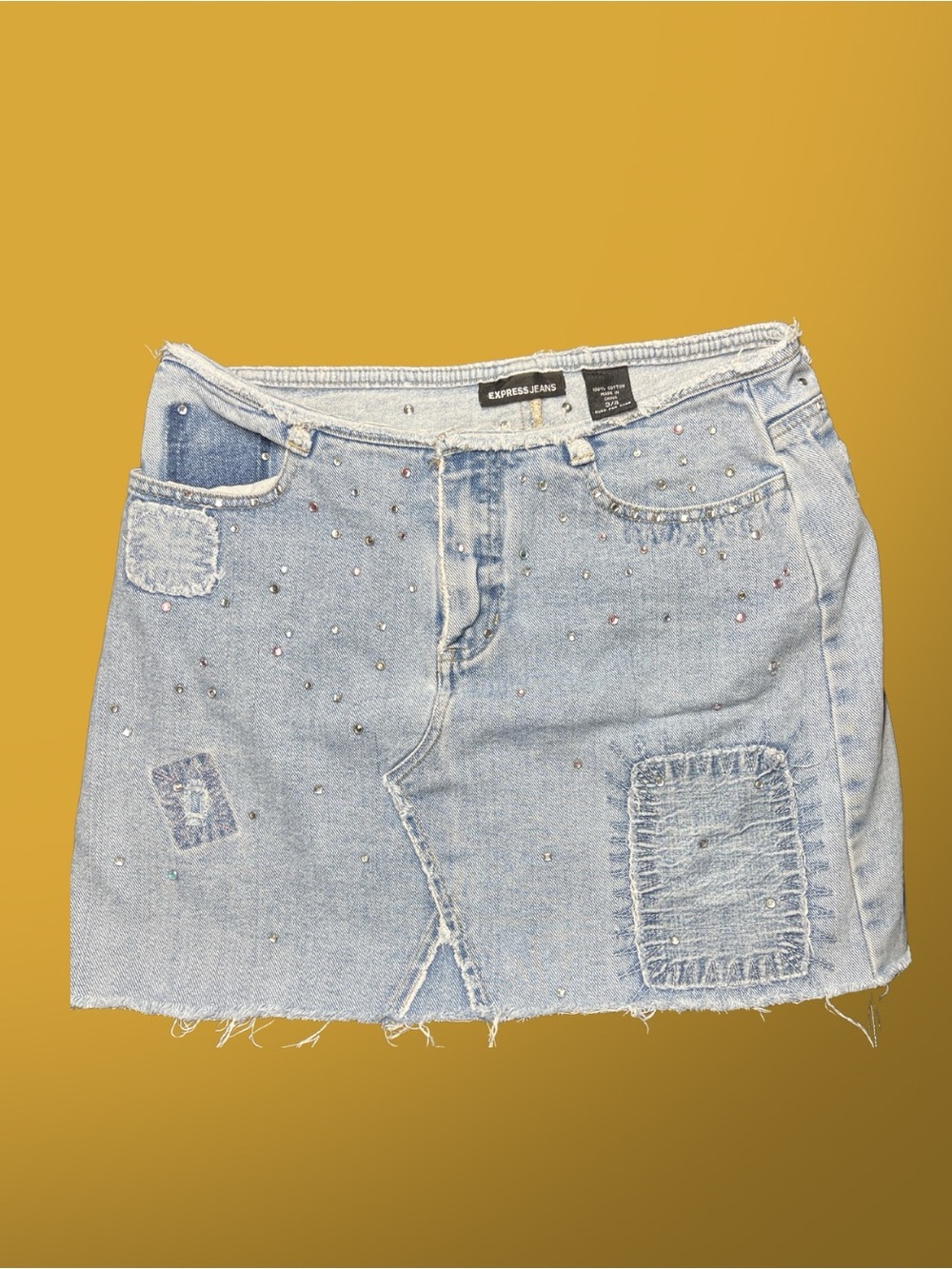 Express Light Wash Embellished Denim Mini Skirt